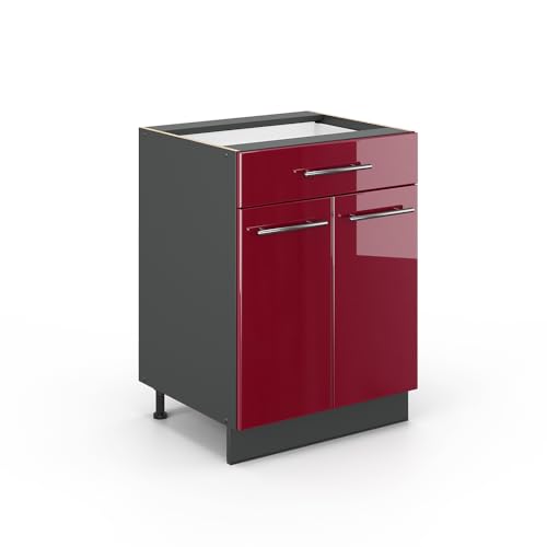 Vicco Meuble Cuisine Fame-Line, Rouge Bordeaux Haute Brillance, 60cm avec tiroir, sans PT, à Combiner avec d'autres modules de la série Fame-Line