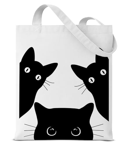Image of Cute Cat Canvas Tote Bag for Women, Aesthetic Reusable Shoulder Bag for Shopping Travel Work