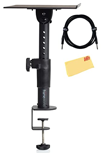 Image of Gator Frameworks Desktop Clamp-On Studio Monitor Stand with Adjustable Height - Bundle with 10ft Instrument Cable and Austin Bazaar Polishing Cloth