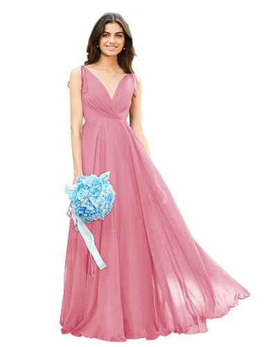 Image of HSFIYAKJ Bridesmaid Dresses Long Chiffon Formal Dress Open Back V Neck Evening Prom Gown for Women with Pockets