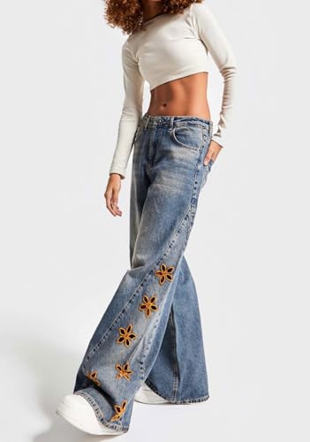 loveimgs Women Baggy Y2k Distressed Jeans Boyfriend Embroidered Ripped Denim Pants Wide Leg Patchwork High Waist Chambray3
