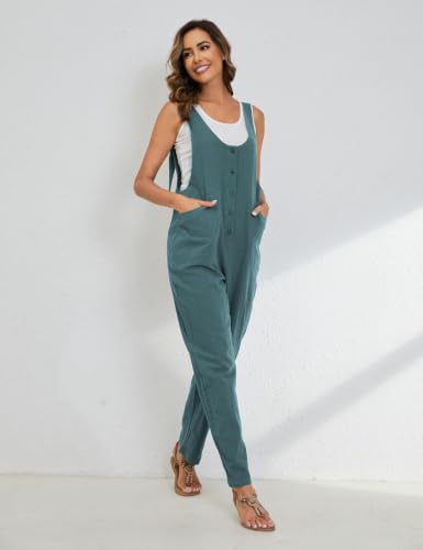 Image of Yeokou Womens Overalls Linen Cotton Jumpsuits Loose Casual Jumpers with Pockets