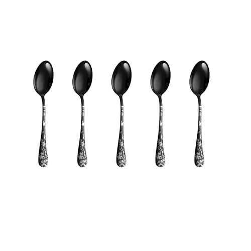 Image of 6.7 inch Charcoal Black Dessert Spoons with Floral Printed Handle | Set of 5 Durable Stainless Steel Teaspoons | Mirror Polished Silverware for Home, Restaurants, and Gift Giving