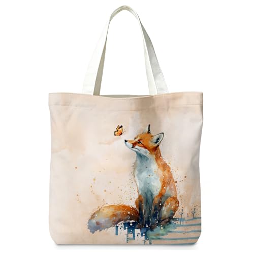 LIANGW Cute Fox Canvas Tote Bag for Women Girls Fox Lovers, Fox Gifts, Reusable Grocery Bags Shopping Bags