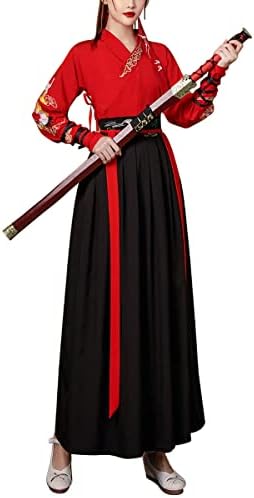 Chinese Swordsman Costume Traditional Embroidery Hanfu Outfit Men Women Martial Art Performance Wear (588# Crane-Red/Black,L)