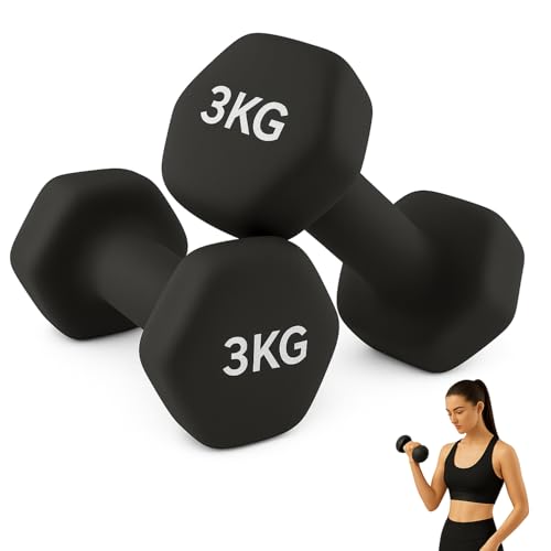 Juego de 2 mancuernas, mancuernas hexagonales, Mancuernas Antideslizantes, revestimiento de neopreno, Agarre Cómodo, Resistente al Sudor, Pack 2 unidades, 3 Kg