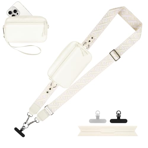 Image of YFWE Clip and Go Strap for Phone with Wallet Crossbody, Adjustable Phone Lanyard with Detachable RFID Wristlet Wallet, Pattern Strap - Cream (L)