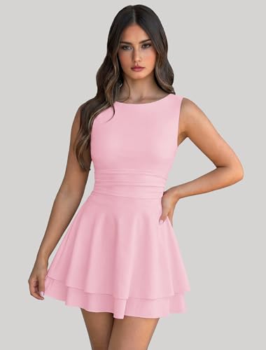 Image of IWD Women's Boat Neck Sleeveless Mini Dress Ruched Waist Flowy Tiered Ruffle Hem A Line Party Short Dresses