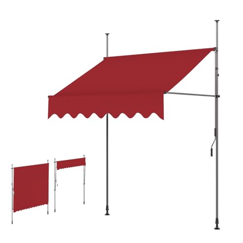 Tenda a braccio estensibile per balcone, altezza e inclinazione regolabili, senza morsetto trapano con manovella, perfetta per terrazza e patio (rosso, 3 m)