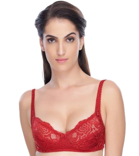 Image of DAISY DEE Women Lace & Net Non-Padded Non-Wired Non-Padded Wireless Full Coverage Regular Fancy Bra-Cherry
