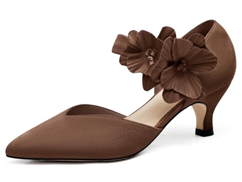 Image of Coutgo Womens Low Kitten Heels Dressy Shoes Comfortable Closed Toe Flower Slip on Formal Party Dance Heeled Pumps