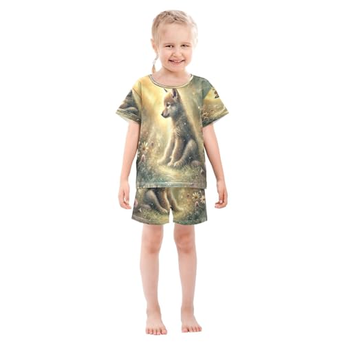 Sunlit Wolf Cub Golden Pajama Set Short Sleeve Nightwear Soft Clothes Set Summer Pajamas Cotton 5Y3
