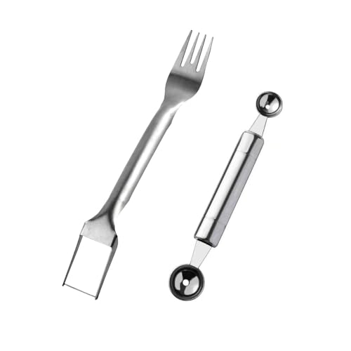 XFSRG 2 Piezas Cortador de Sandía de Acero Inoxidable 3 en 1 Cortador con Tenedor Bolas Corte Melón Herramienta de Cocina Multifunción