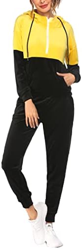 Hotouch Velour Sweatsuits for Women Joggers Jogging Suit Color Block 2 Piece Hooded Track Suit Outfit Yellow S