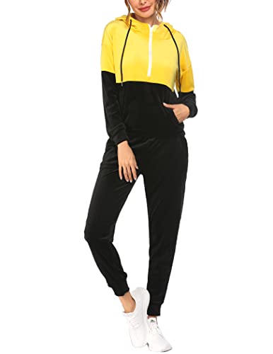 Hotouch Velour Sweatsuits For Women Joggers Jogging Suit Color Block 2 Piece Hooded Track Suit Outfit Yellow S #TOP24