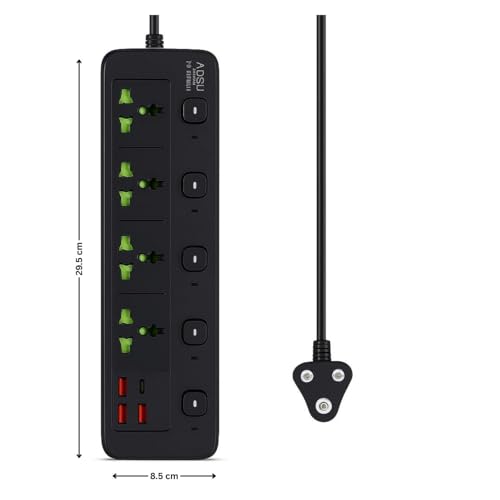 Image of Extension Board, Power Strip with 6 USB Ports and 3 Universal Socket, 2500W 10A Extension Cord, 3-Pin Surge Protector Power Strip for Home, Office, Computer, Mobile Charging (Black-A85)