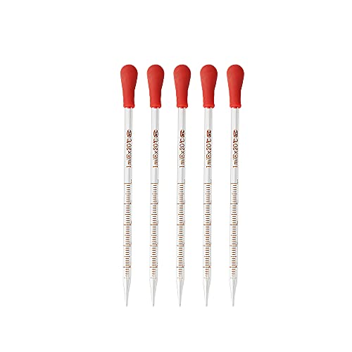 Pipettes compte-gouttes graduées en verre de 1 ml, avec bouchon en caoutchouc rouge, lot de 5, plus deux bouchons en caoutchouc rouge en cadeau Cover