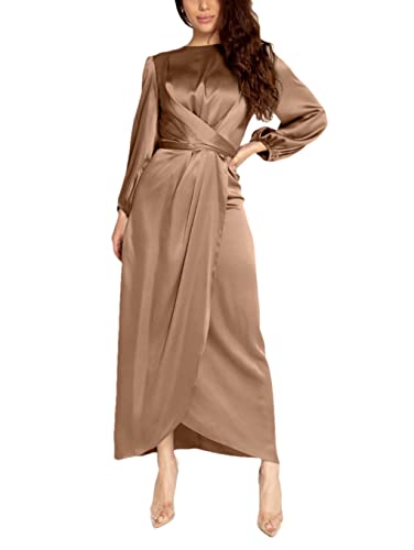 DBFBDTU Spring Summer Solid Color Laced Dress Round Neck Long Sleeve Party Dresses for Women