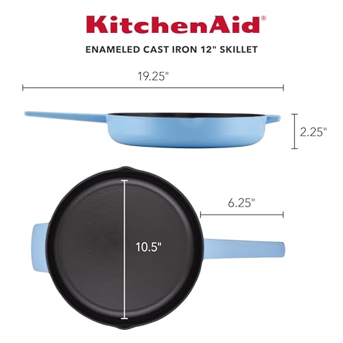 Image of KitchenAid Enameled Cast Iron Frying Pan /Skillet with Helper Handle and Pour Spouts, 12 Inch, Blue Velvet