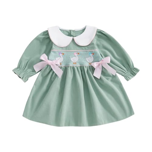 Toddler Baby Girl Fall Outfit Goose Embroidery Long Sleeve Smocked Party Dress Doll Collar Princess Dress Winter Clothes