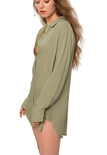 Image of TOUSYEA Sleep Shirts for Women Button Down Shirts Long Sleeve Sleepwear Swimsuit Cover Ups Soft Pajama Tops