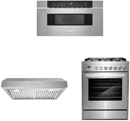 COSMO 3-Piece Kitchen Appliance Packages, 30" Microwave Drawer No Handle with Digital Controls, 30" Under Cabinet Range Hood and 30" Gas Range with 5 Burner Cooktop
