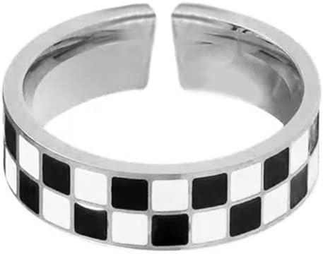 5mm Checkerboard Band Open Adjustable Ring for Women Dainty 925 Sterling Silver Minimalist Black White Enamel Statement Finger Rings Comfort Fit Fashion Jewelry Bff Birthday Gift