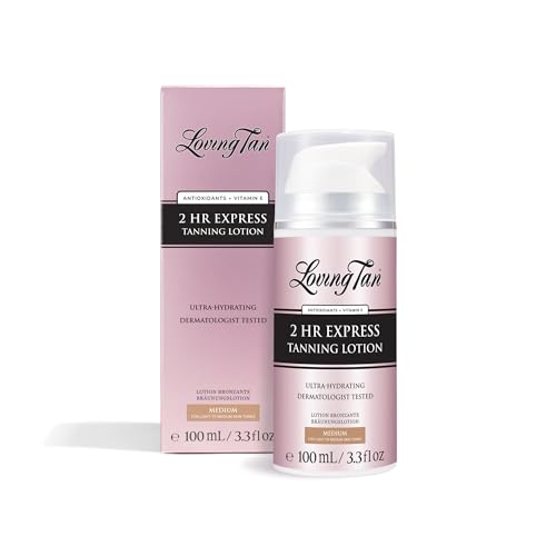 Loving Tan NEW 2 Hr Express Self Tanning Body Lotion, Medium - Hydrating Natural-Looking Glow Sunless Self Tanner, Streak-Free, Dermatologist Tested, Lightweight, Vegan and Cruelty-Free - 3.3 fl oz