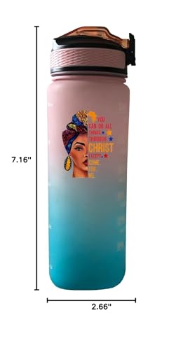 Yipaidel African American Woman with Quotes 32 OZ Drinking Water Bottle with Times to Drink and Straw, Motivational with Carrying Strap, Leakproof BPA & Toxic Free, Ensure You Drink Enough Water