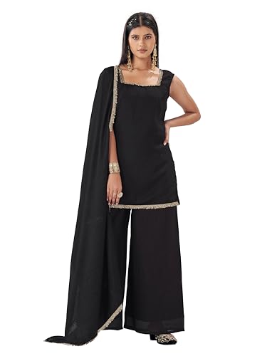 Kurta et Plazzo noir cadeau femme ensemble soie avec Dupatta