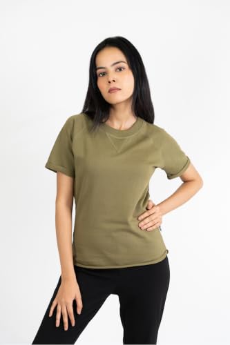 Image of Women French Terry Raglan Crew Neck | 100% Cotton Stylish Casual Comfortable Regular Fit Solid Half Sleeves Round Neck T-Shirt for Women
