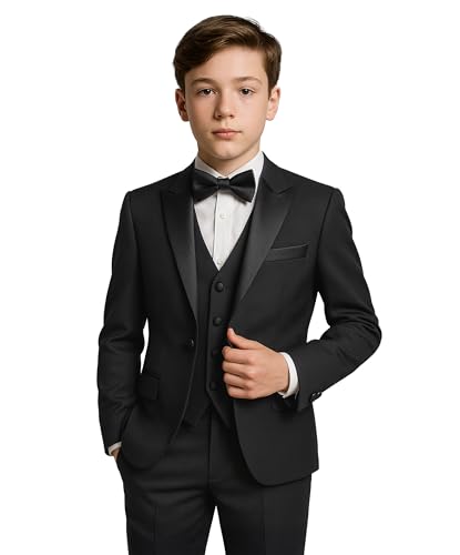 SIRRI Smoking-Anzug für Jungen Pagen, 5-teiliges komplettes Hochzeits- und Abschlussball-Outfit in Schwarz, Größe14 Years