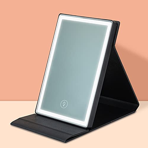 Pu Leather Folding Makeup Mirror,Led Lights Vanity Mirror With Touch Screen,Tabletop Makeup Mirror,Travel Cosmetic Mirror,Portable Illuminated Mirror For Travel, Black #TOP23