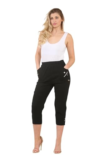 Women Cherry Berry Capri 3/4 Trousers, Ladies Elasticated Cotton Stretch Cropped Bottom Pants (Black, 16)
