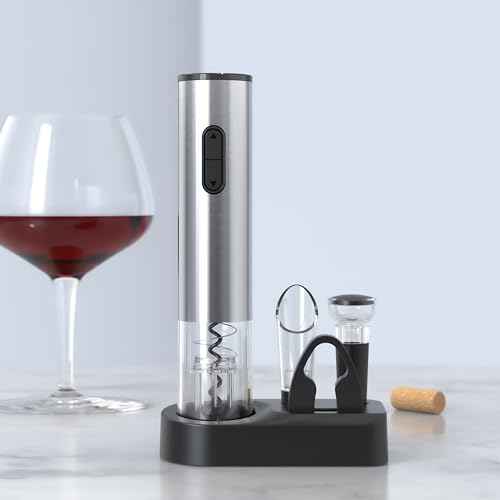 Image of PEIPU Electric Wine Opener Set, Battery Operated 5-in-1 Wine Gifts for Wine Lovers with Storage Base, Foil Cutter, Wine Aerator Pourer & Vacuum Stoppers, Silver