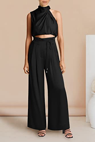 Image of PRETTYGARDEN Women's 2 Piece Outfits 2023 Summer Casual Sleeveless Mock Neck Crop Tops Wide Leg Pants Set