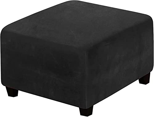 ADPON Fundas cuadradas de terciopelo para otomanas, fundas protectoras cuadradas para reposapiés, fundas elásticas con parte inferior elástica (tamaño XL, negro)