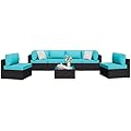 Shintenchi 7 Pieces Outdoor Patio Sectional Sofa Couch,PE Wicker Furniture Conversation Sets with Washable Cushions & Glass Coffee Table for Garden, Poolside, Backyard (Blue)