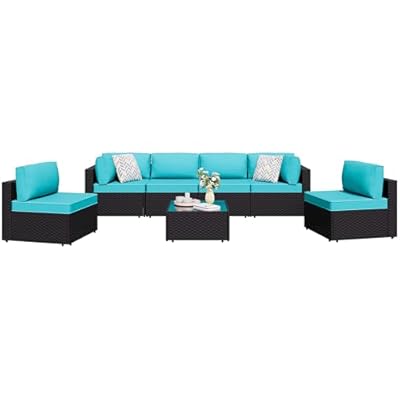 Shintenchi 7 Pieces Outdoor Patio Sectional Sofa Couch,PE Wicker Furniture Conversation Sets with Washable Cushions & Glass Coffee Table for Garden, Poolside, Backyard (Blue)