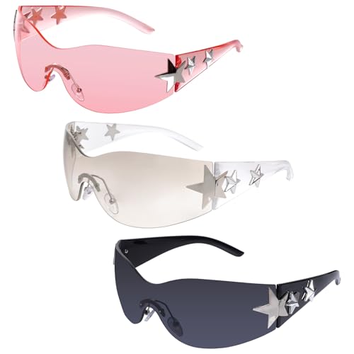 Nydotd 3 Pairs Y2K Sunglasses for Women Men, Rimless Star Trendy Wrap Around Frameless Sun Glasses 2000S Shield for Outdoor