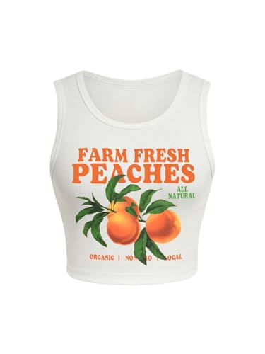 WDIRARA Women's Letter Print Graphic Round Neck Sleeveless Rib Knit Crop Tank Top