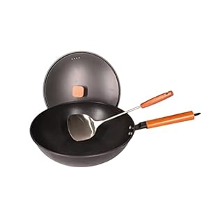 Wok Pan Carbon Steel Wok with Lid Flat Bottom with Spatula Large Induction Electric Cooking Top Stir Fry Nonstick 13 inch