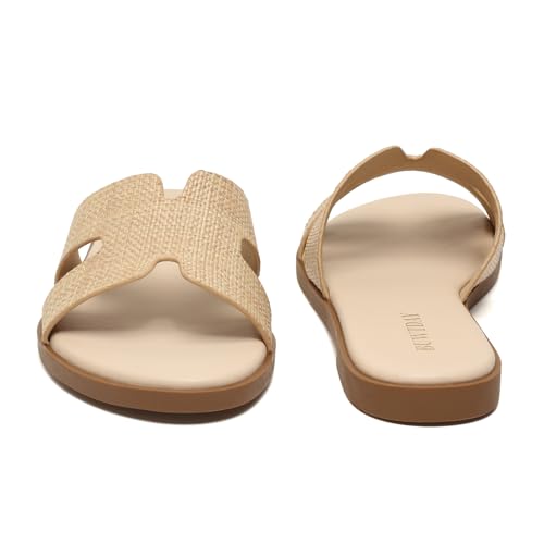 Image of Womens Flat Sandals Dressy Summer Slides Comfortable Casual Open Toe Vacation Sandals Slip On Slides Leather Sandals for Women