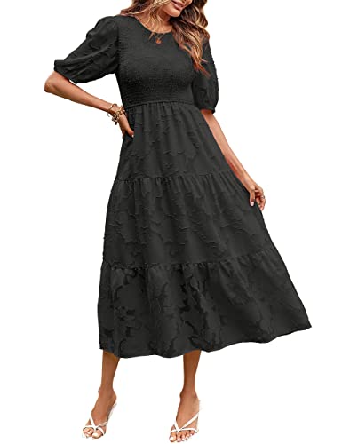 MEROKEETY Women's 2024 Summer Puff Sleeve Smocked Floral Dress Crewneck Lace Flowy Tiered Midi Dresses, Black, L