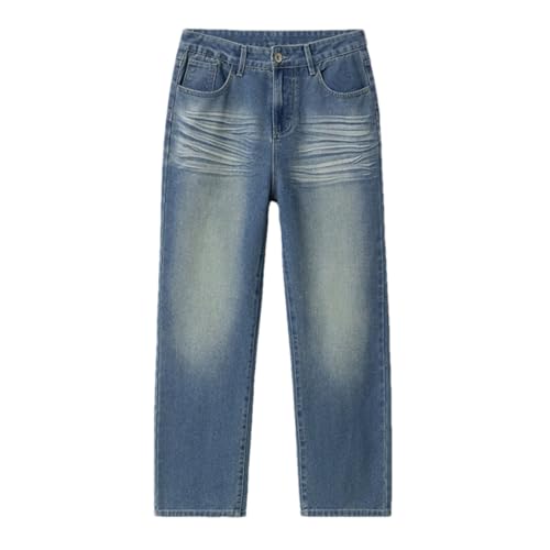 Men's Zippered Washed Jeans Cotton Mid-Rise Straight Loose Jeans