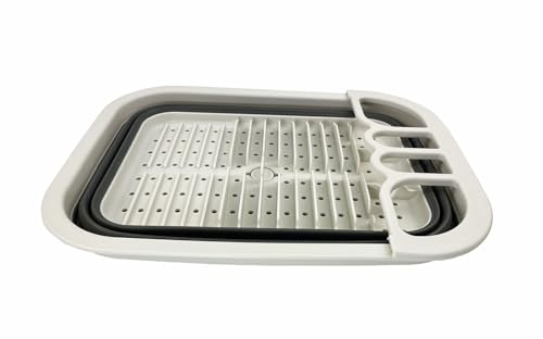 SAMMART Collapsible Plastic Dish Drainer with Drainer Board-Foldable Drying Rack Set-Portable Dinnerware Organizer-Space Saving Kitchen Storage Tray (Grey/Washed Black) - Image 3