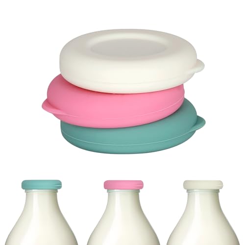 Milk Bottle Tops [One Pint NOT 1L] Reusable Silicone Mixed without Bottle Perfect Fit for UK One Pint Milk Glass Bottles Dishwasher Safe 100% Leakproof Multicolour (3 pcs)