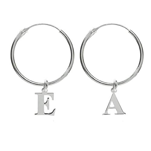 Handmade Pendientes aro con letra colgante Plata de Ley - Aros con iniciales Plata de Ley