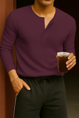 Image of Men's Solid Slim Fit Full Sleeve Henley Neck Rib Textured Cotton Blend T-Shirt | Casual & Office Wear | Daily & Travel use