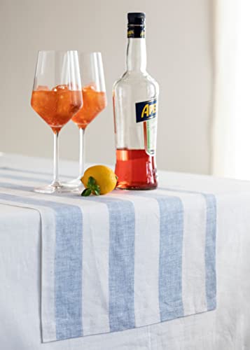 Solino Home Summer Linen Table Runner – 100% Pure Linen 14 X 48 Inch Table Runner For Kitchen, Dresser, Dining, Party – Sky Blue And White Cabana Stripe – Handcrafted And Machine Washable #TOP4
